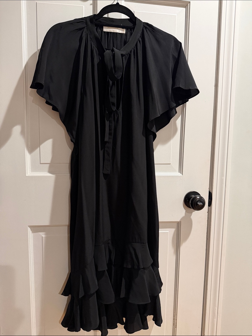 Zimmermann Black Midi Dress with Tie Neck and Ruffle Layers